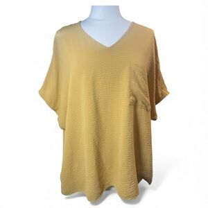 Mustard Yellow Crinkle Textured V-Neck Short Sleeve Top